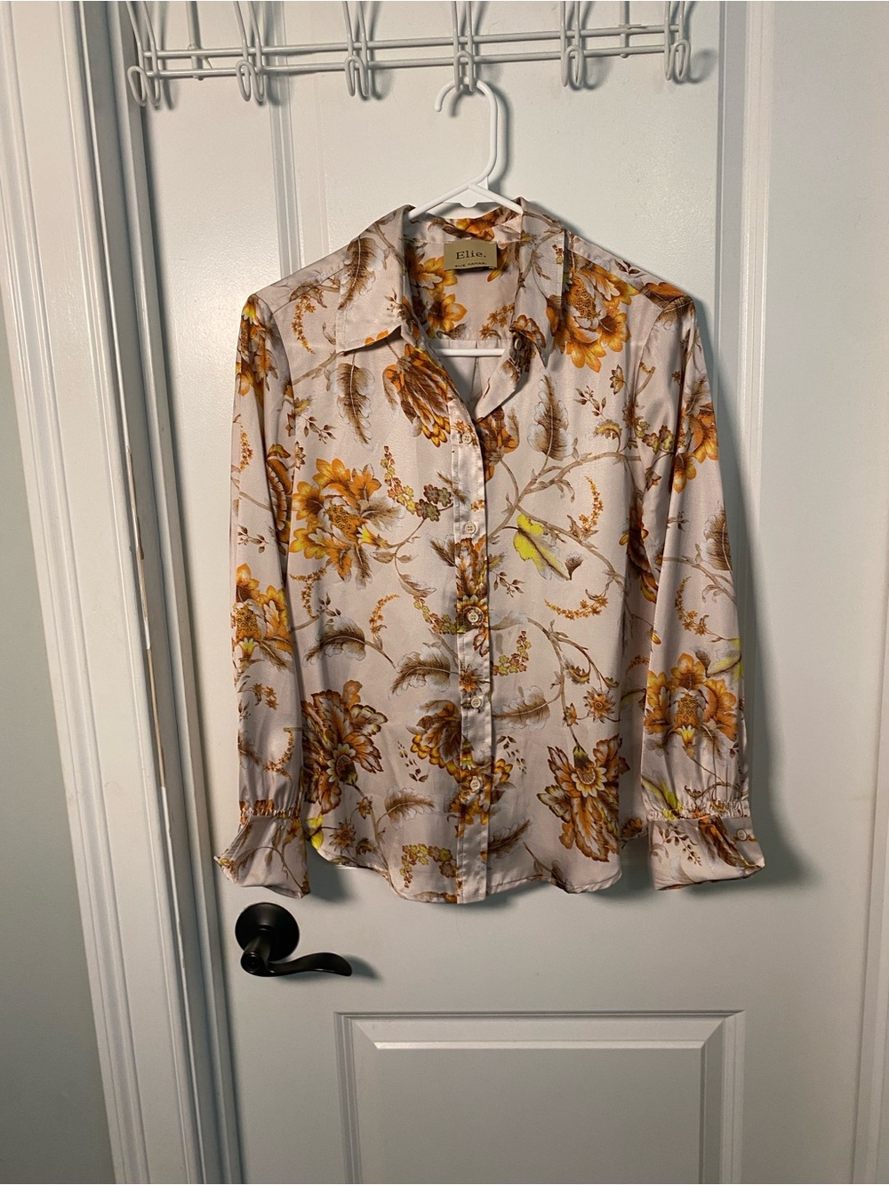 Elie Tahari Floral Satin Button-Down Shirt in Yellow & Cream